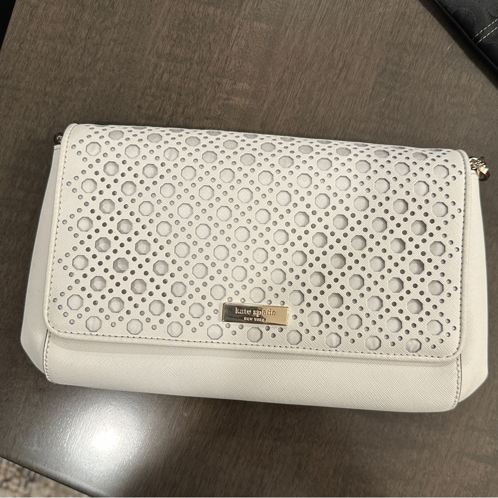Kate spade perforated crossbody white with gold chain